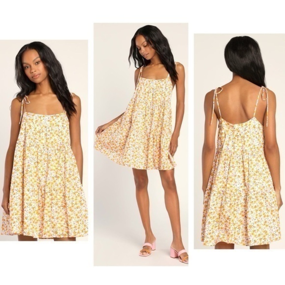 NWT Lulu’s Sweet Pea Style White Floral Tie Strap Tiered Mini Dress XS ZZ1